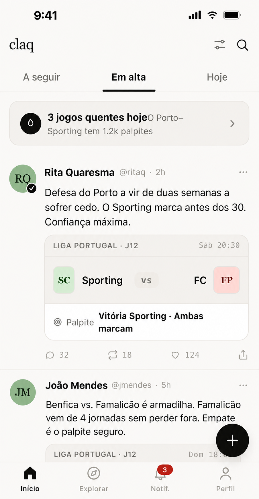 Preview do feed da app com jogos em alta e palpites